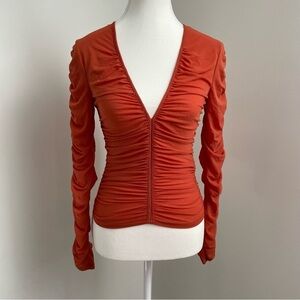Wild Pony Sheer Ruched Mesh Long Sleeve Top Size Small Burnt Orange
